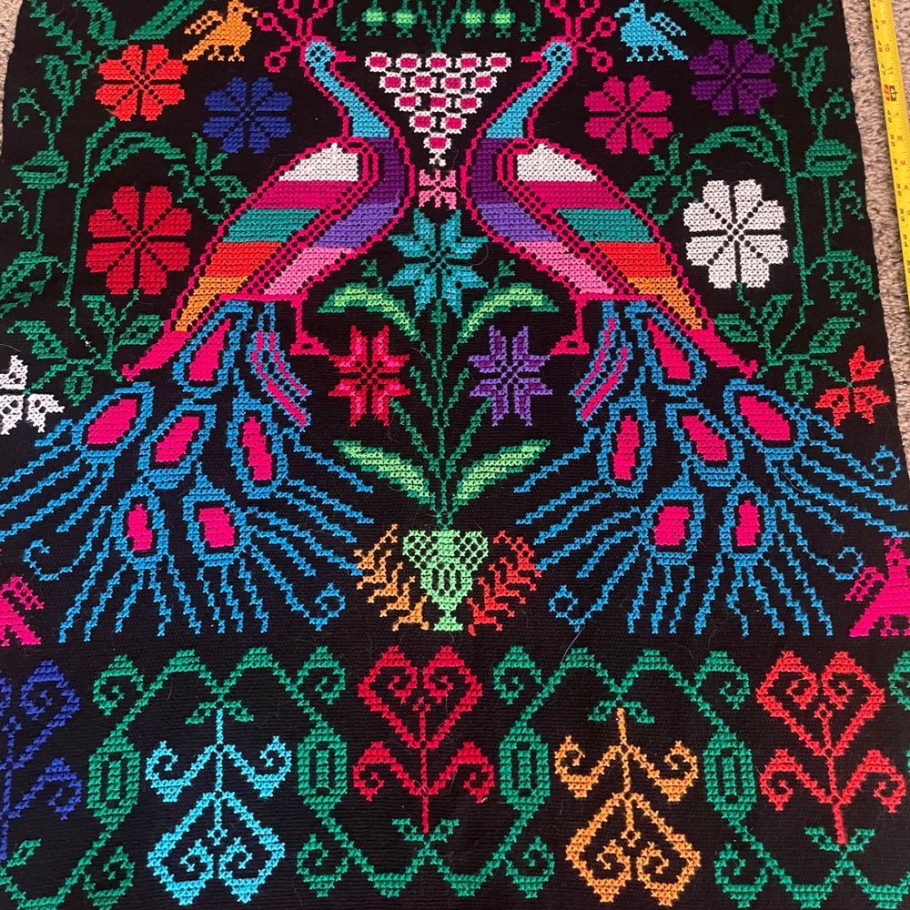 Colorful Embroidered Tapestry with Birds and Flowers